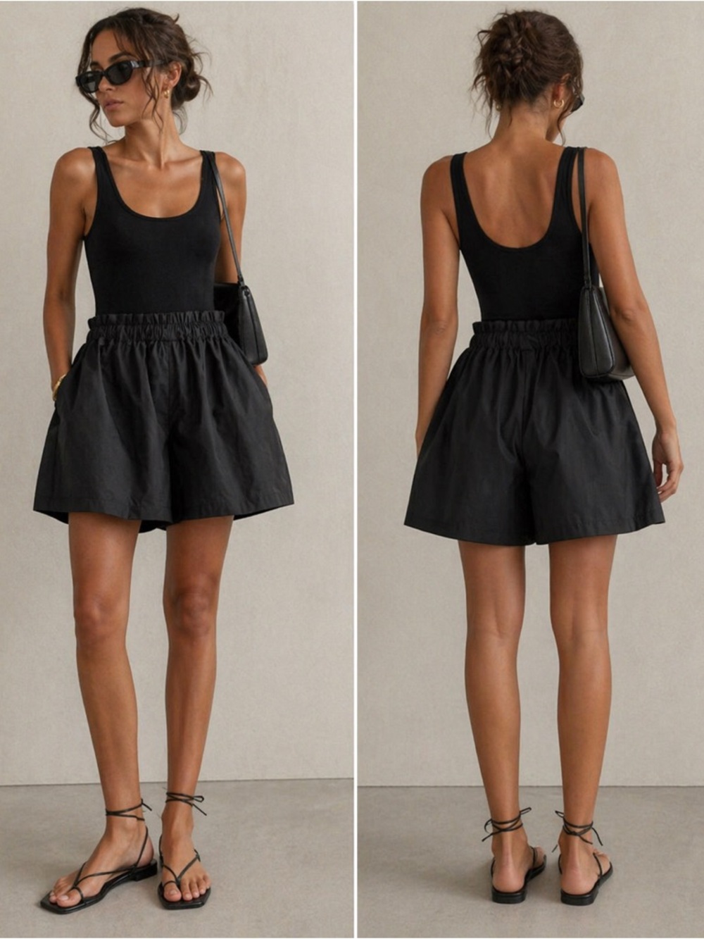 MONICA NERA Black High-Rise Paperbag Shorts